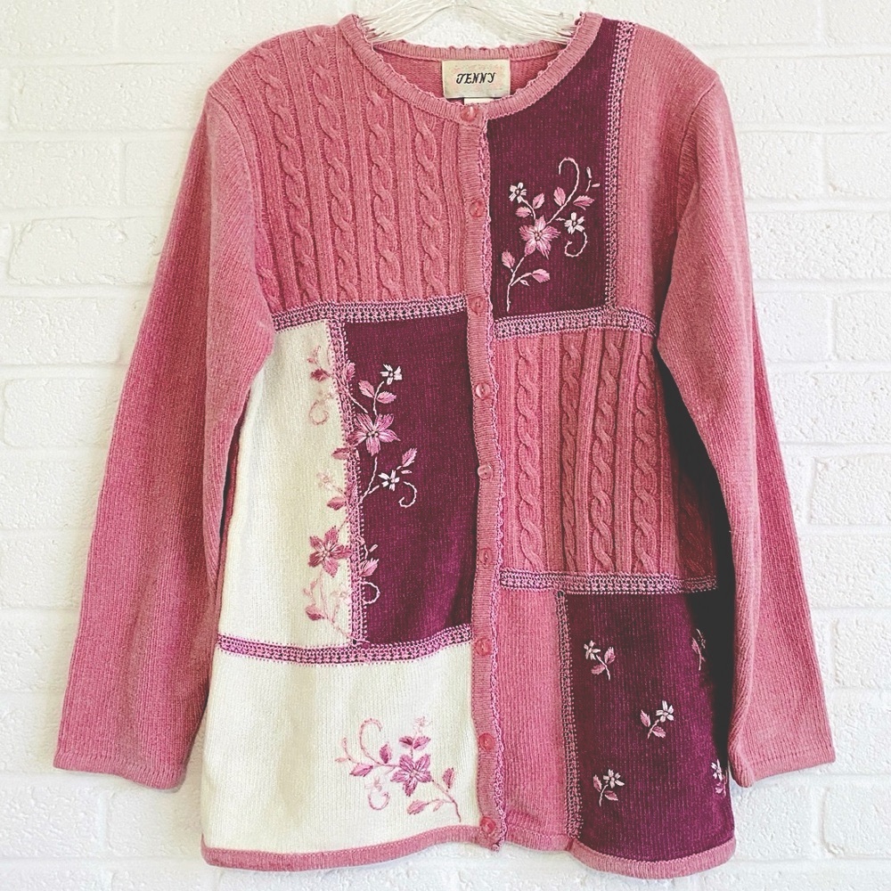 Vintage Patchwork Cardigan Sweater Medium Pink Cottagecore Grannycore Folk Artsy